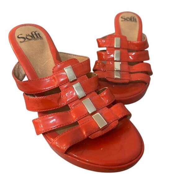 Sofft Size 7.5 Paladea Cork Wedge Sandal Red Orange Patent Strappy Vacation - Picture 1 of 10
